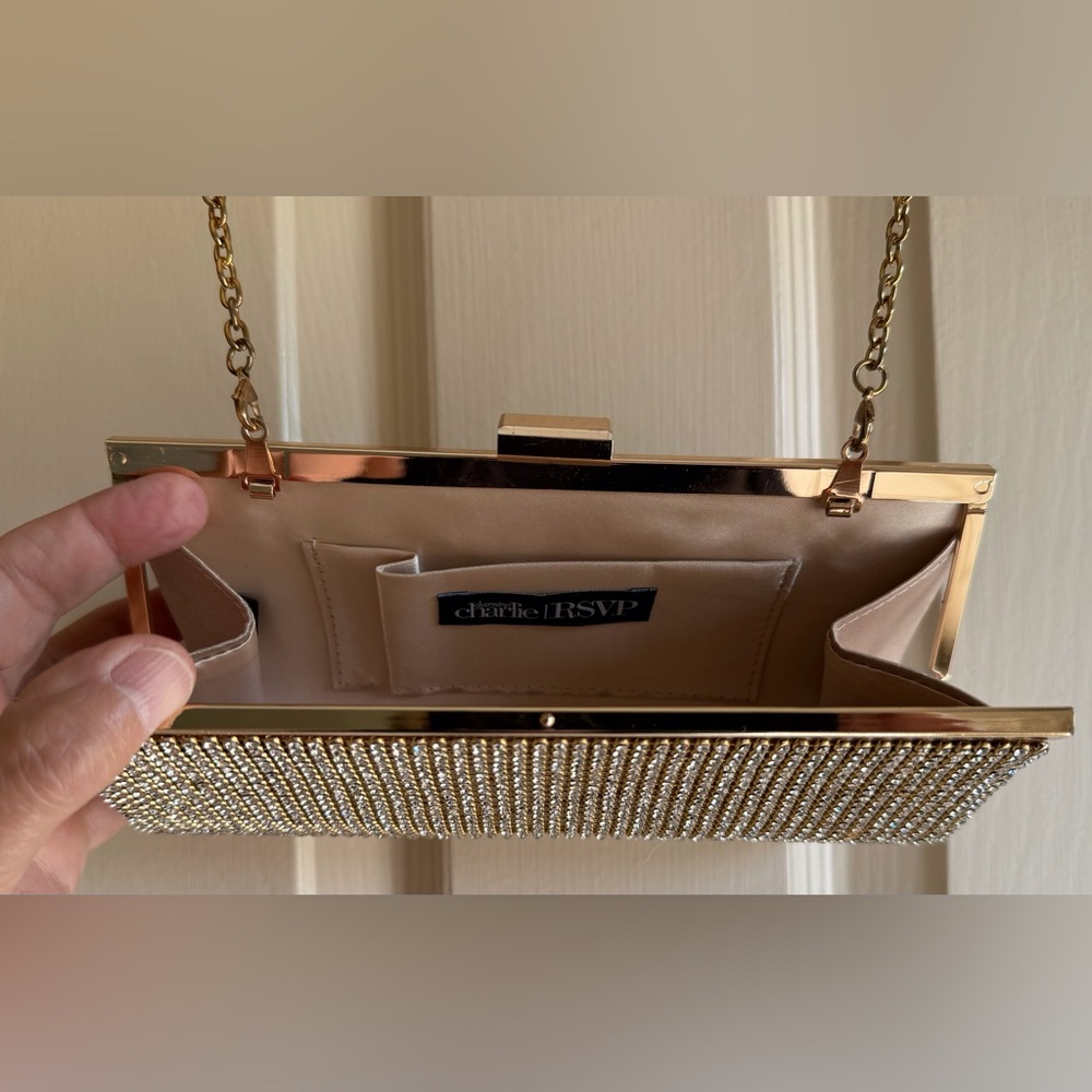 Charming Charlie Goldtone Rhinestone Evening Bag. Clutch or crossbody option. - Picture 5 of 6